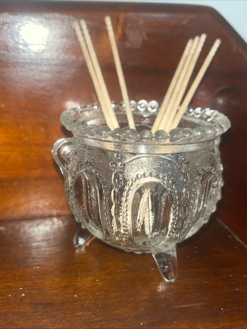 Vintage Crystal Glass Gypsy Footed Pot Toothpick Jewelry Holder Decor